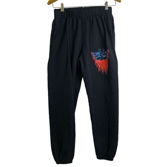 BOYS LIE Sweatpants Size Medium Womens “Don't Ask” Black Flames Cherub Y2K